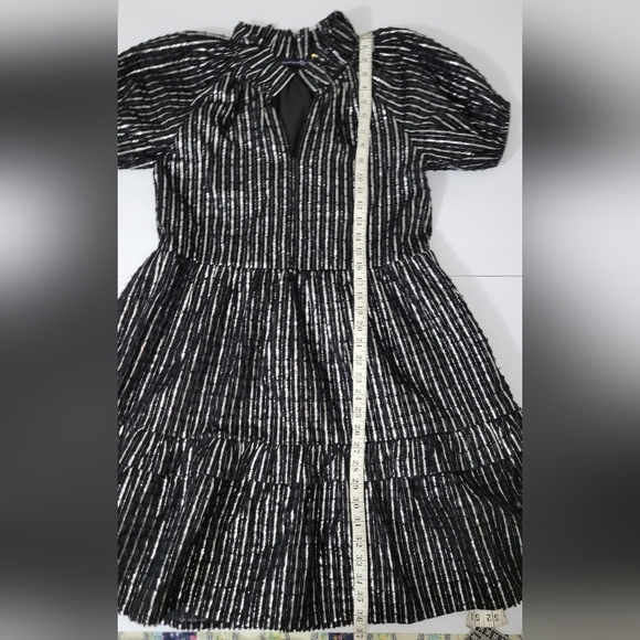 Duffield Lane Black Metallic Stripes Tiered Puff Sleeve Whimsygoth Holiday Dress - Picture 8 of 13